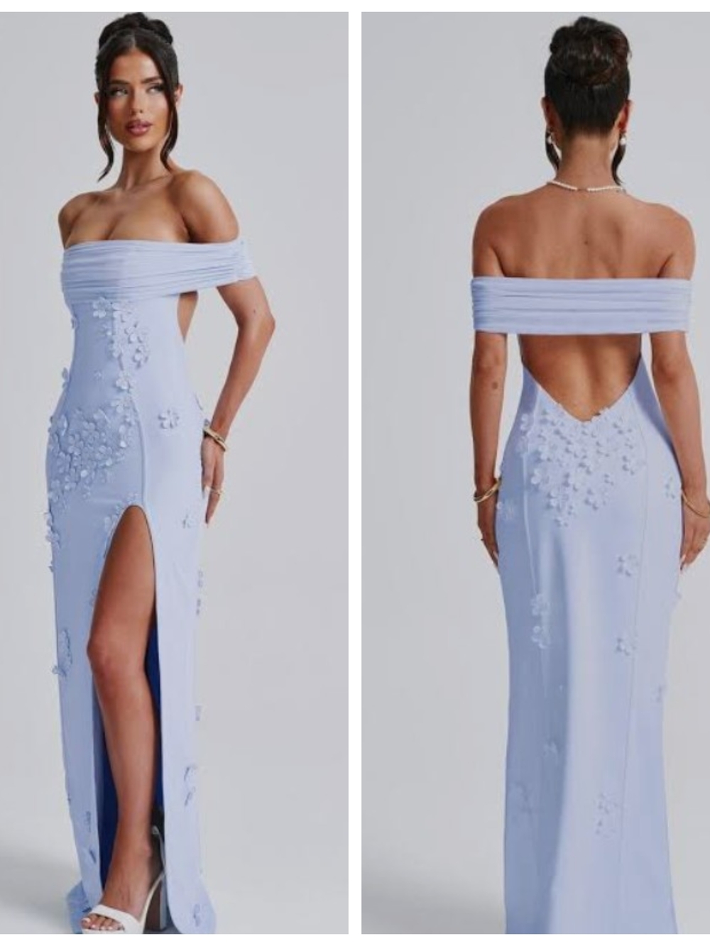 BABYBOO Off-Shoulder Baby Blue Backless Evening Gown with Floral Appliqué